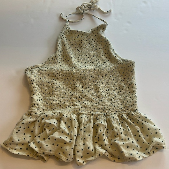 Patrons of Peace Polka Dot Halter Top Cream Navy Smocked Peplum Ruched Sx S - Picture 1 of 7